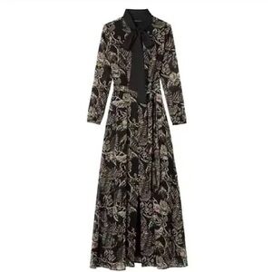 Banana Republic Black Floral Long-Sleeve Tie-Neck Maxi Dress